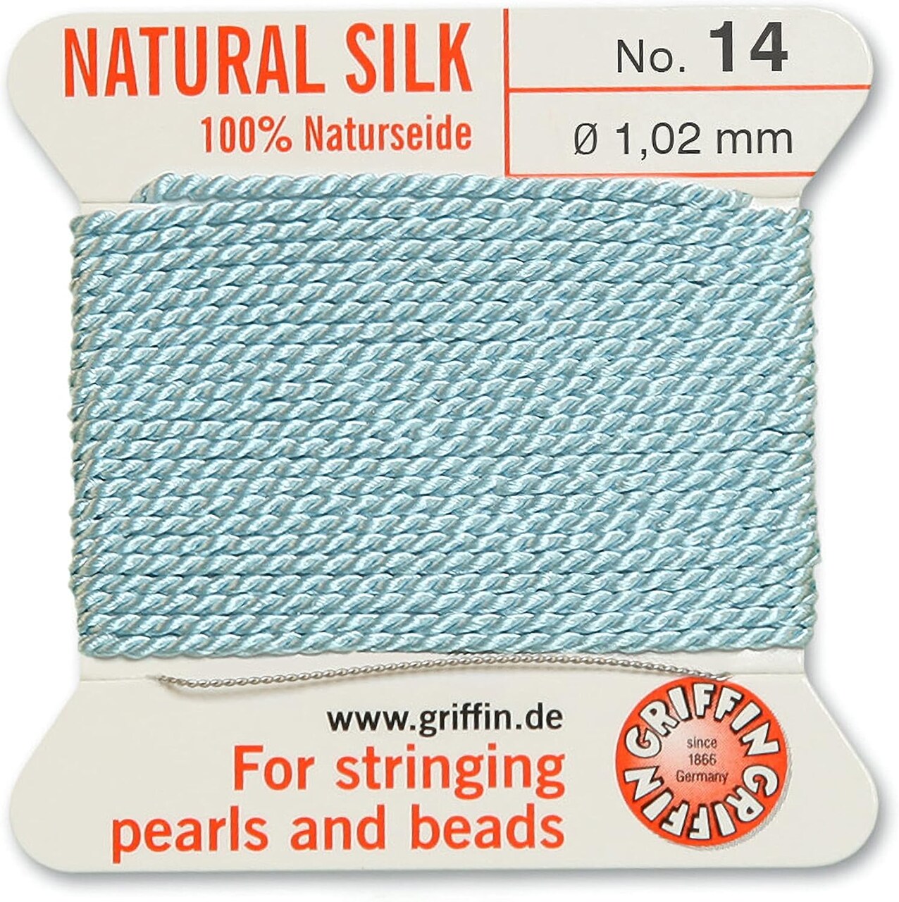 Griffin Silk Bead Cord Perlseide – Size 14 (1.02mm) – 2 Meters per Card – Stainless Steel Needle Attached – for Knotting Pearls, Gemstones, Crystals and Beads